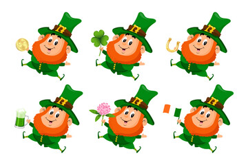 Set of cute gnomes with Ireland flag, beer mug, golden horseshoe, gold coin, shamrock leaves and clover flower. St. Patrick's Day, vector