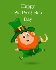 St. Patrick's Day illustration, Cute leprechaun with golden horseshoe. Postcard, holiday banner, vector