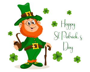 St. Patrick's Day, cute leprechaun with a smoking pipe  with clover. Illustration, greeting card, vector