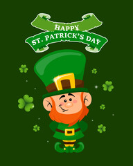 St. Patrick's Day, cute leprechaun with shamrock leaves and greeting text. Illustration, postcard, banner, vector