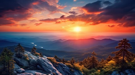 outdoor scenic sunset sun landscape illustration scenery rise, morning mountains, peak mountain...