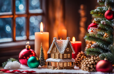 Christmas New Year card. Background. A window with a winter landscape. A Christmas tree with toys and gifts, candles are burning. The decor of a small house. A joyful mood in the evening.