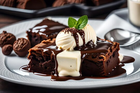 Realistic image of warm chocolate brownie and vanilla ice-cream topped with chocolate sauce. Chocolate