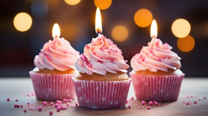 Birthday Cupcake Adorned with a Candle and Pink Decorations