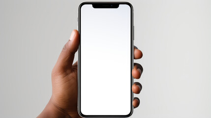 Black woman hand holding modern smart phone isolated on white background - obrazy, fototapety, plakaty