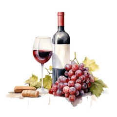 Watercolor Italian wine, single, transparent or white background PNG. AI generated illustration