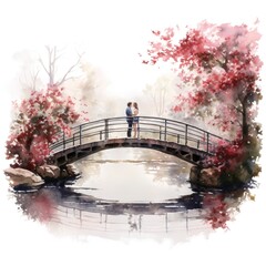 Watercolor Kissing Bridge, single, transparent or white background PNG. AI generated illustration