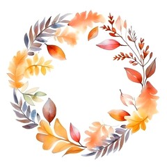 Watercolor fall wreath. Autumn leaves round frame. Generative AI