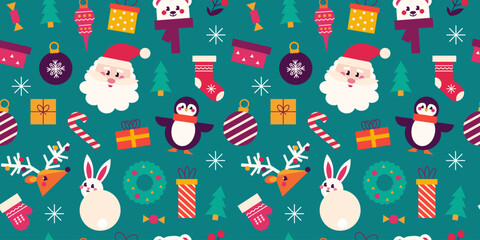 Christmas seamless pattern with cute animals, Santa Claus. Vector festive background with snowflakes