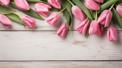 Pink Tulips Laid on a White Rustic Wooden Background.