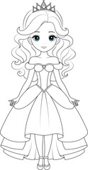 Coloring page chibi princess. Flat vector outline for kids coloring book