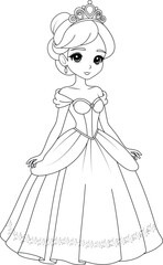 Coloring page chibi princess. Flat vector outline for kids coloring book