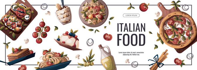 Flyer design with Italian pizza, pasta, bruschetta, lasagna, olive oil. Italian food, healthy eating, cooking, recipes, restaurant menu concept. Vector illustration for banner, promo, poster. - obrazy, fototapety, plakaty