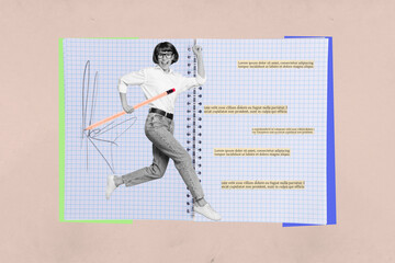 Banner picture collage of happy smiling running girl writing text in copybook isolated on drawing...