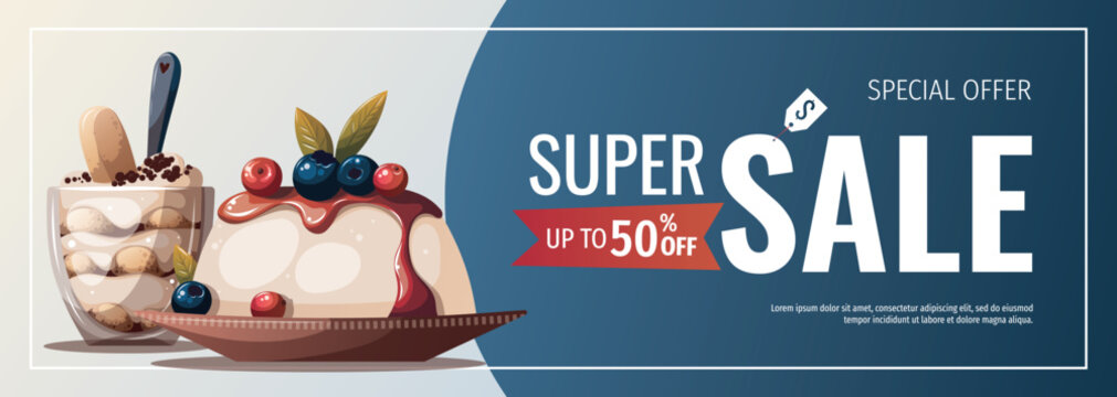 Banner design with Panna cotta and tiramisu. Italian dessert, sweet food, bakery, cooking, recipes, restaurant menu concept. Vector illustration for poster, banner, promo.