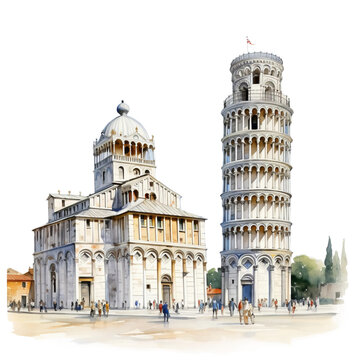 Watercolor leaning tower of Pisa, single, transparent or white background PNG. AI generated
