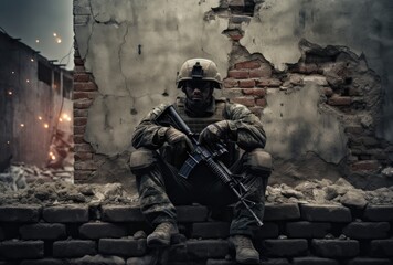 .Soldier in war, with a weapon in his hand - obrazy, fototapety, plakaty