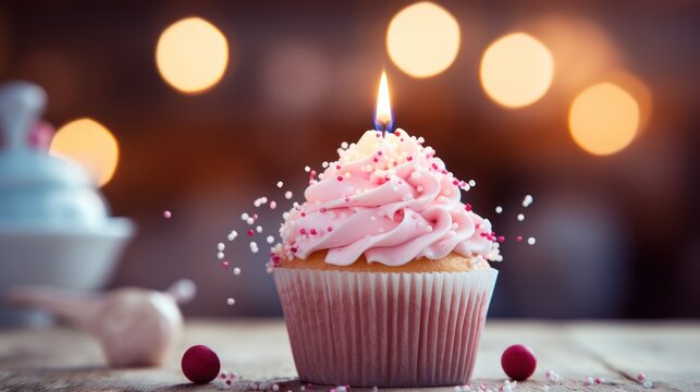 Birthday Cupcake Adorned with a Candle and Pink Decorations
