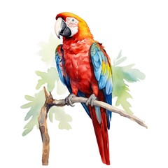 Watercolor parrot, single, transparent or white background PNG. AI generated illustration