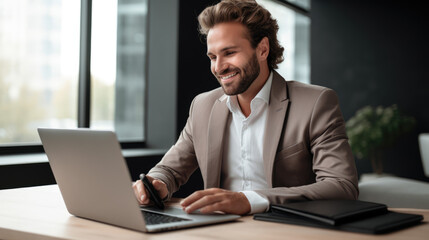 Smiling mature adult business man executive sitting at desk using laptop. Happy busy professional mid aged businessman ceo manager working on computer corporate technology in office