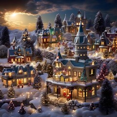Christmas scene with small houses in the snow. 3D illustration.