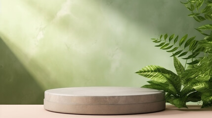 Podium en pierre dans un décor végétal pour la présentation d'un produit sur fond vert.