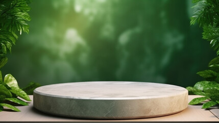 Podium en pierre dans un décor végétal pour la présentation d'un produit sur fond vert.