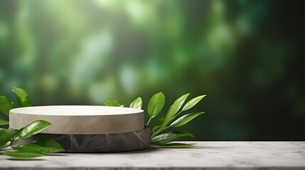 Podium en pierre dans un décor végétal pour la présentation d'un produit sur fond vert. - obrazy, fototapety, plakaty
