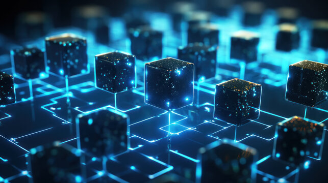 Concept de chaîne de blocs. Les blocs numériques isométriques se connectent les uns aux autres et forment la chaîne cryptographique