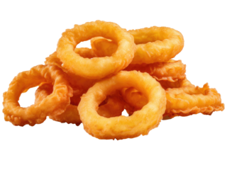 Pile of fried onion rings isolated on transparent background 