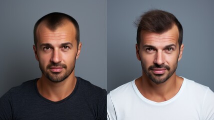 Before and after hair transplant: man look at camera, front view.