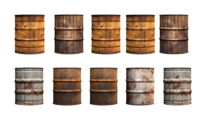 rusty old metal barrels isolated on transparent background 