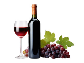Obraz premium Red wine bottle with wine grapes isolated on transparent background 