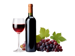 Red wine bottle with wine grapes isolated on transparent background 