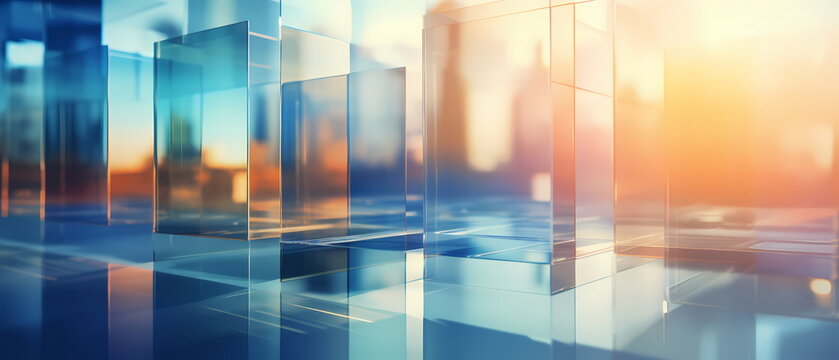 Glass cubes and cityscape background