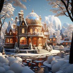Winter landscape with christmas tree and wooden house, 3d illustration