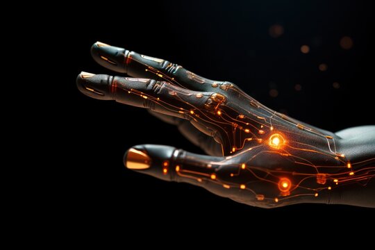 shiny robotic hand in cyber-punk style isolated on black