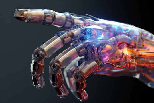shiny robotic hand in cyber-punk style isolated on black