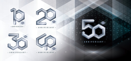 Set of 10 to 50 years Anniversary logotype design, Ten to Fifty years anniversary celebration. Abstract Silver Hexagon Infinity logo, 10,20,30,40,50 Years Logo for celebrate event - obrazy, fototapety, plakaty