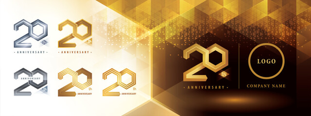 20th Anniversary logotype design, Twenty years anniversary celebration. Abstract Hexagon Infinity logo, 20 Years Logo golden for celebration event - obrazy, fototapety, plakaty
