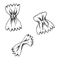 Hand drawn vector ink illustration. Types of pasta Italian cuisine farfalle traditional dish. Set of single object elements isolated on white. For restaurant, menu, food shop package, flyer, print.
