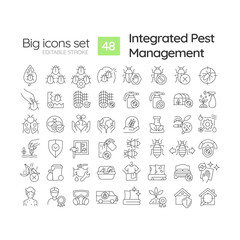 2D editable black big thin line icons set representing integrated pest management, isolated simple vector, linear illustration.