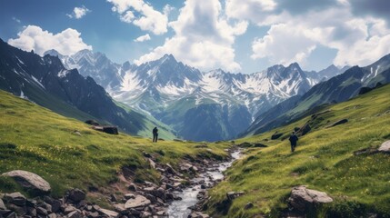 spectacular mountain landscape with hikers in the mountains