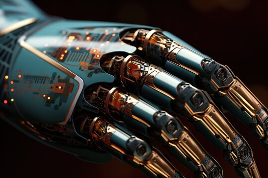shiny robotic hand in cyber-punk style isolated on black