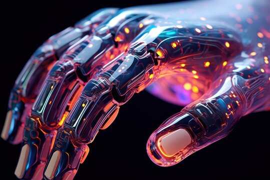 shiny robotic hand in cyber-punk style isolated on black