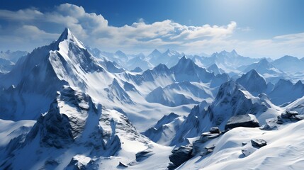 Winter mountains panorama. 3d render of winter landscape with snow covered mountains