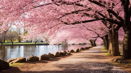 background beauty park tree landscape illustration cherry spring, garden flower, beautiful season...