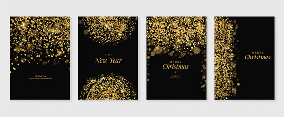 Luxury merry christmas and happy new year invitation card design vector. Gold twinkling stars on black background. Design illustration for cover, print, poster, wallpaper, decoration. - obrazy, fototapety, plakaty