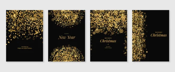 Fotobehang Luxury merry christmas and happy new year invitation card design vector. Gold twinkling stars on black background. Design illustration for cover, print, poster, wallpaper, decoration. © TWINS DESIGN STUDIO