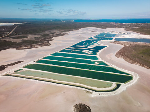 Aerial view of a salt mine with different hues of green, Western Australia.